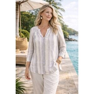 Splendid Womens Purple Grey Striped Linen Blend Split Neck Tunic Top Size M